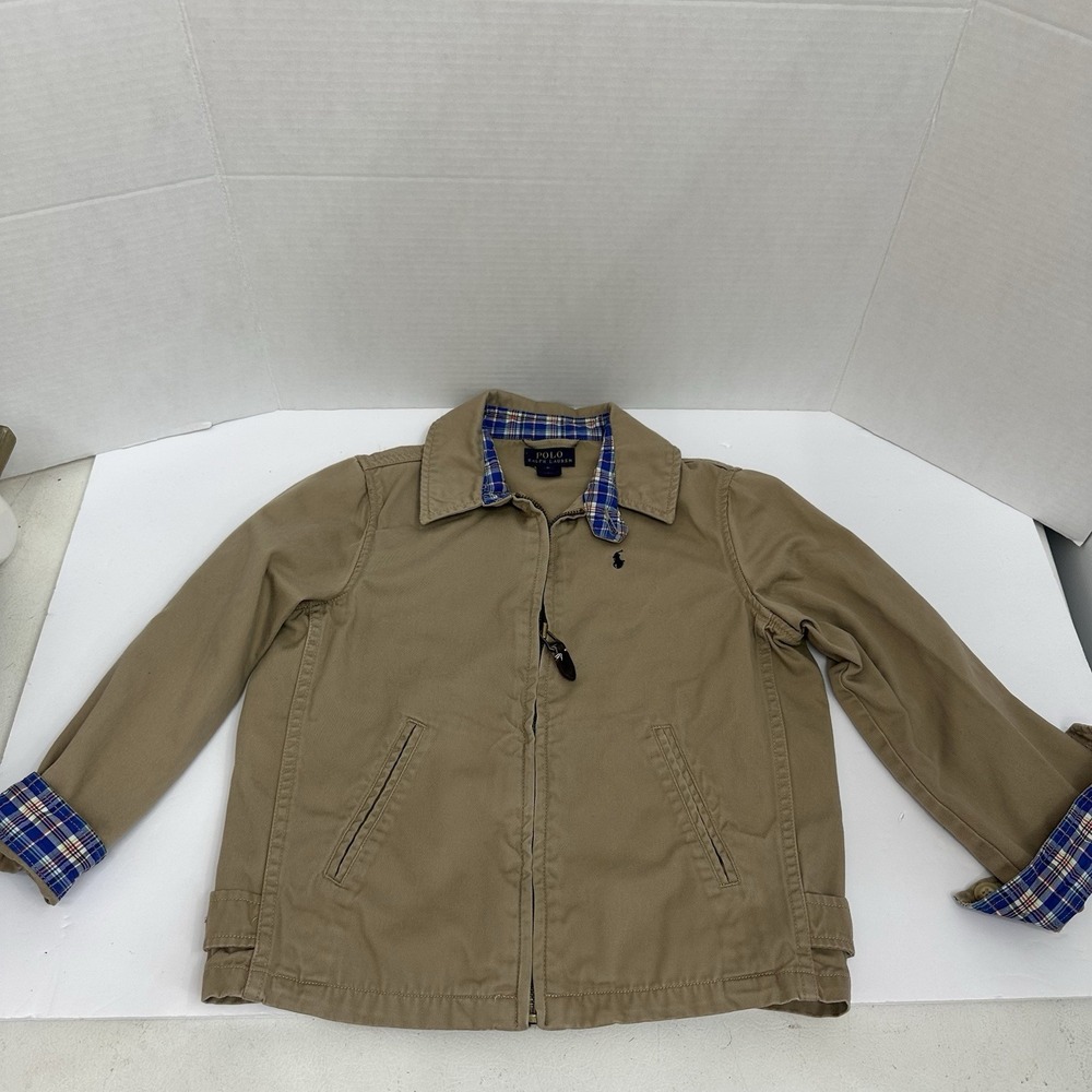 Polo Ralph Lauren Kids Size 6 Beige Cotton Full Zip Jacket Classic Plaid Cuffs